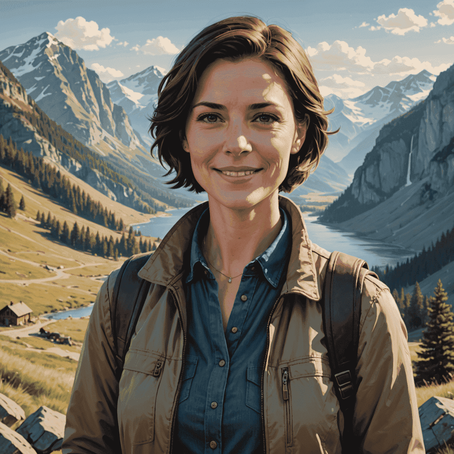 Portrait of Jane Doe, a woman in her 30s with short brown hair and a friendly smile, wearing casual travel attire and standing in front of a scenic mountain landscape