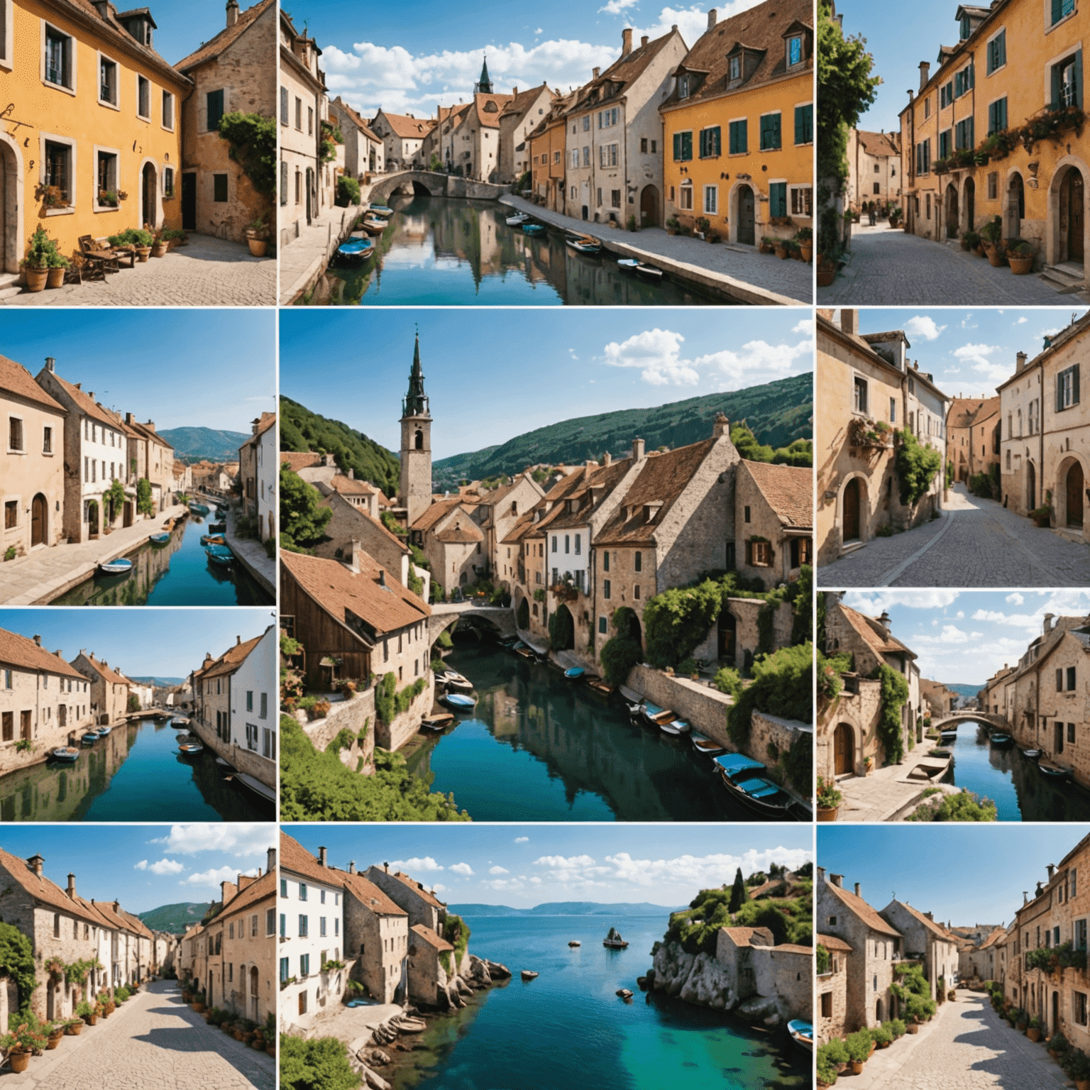 Collage of lesser-known European destinations, featuring quaint villages, secluded beaches, and picturesque landscapes