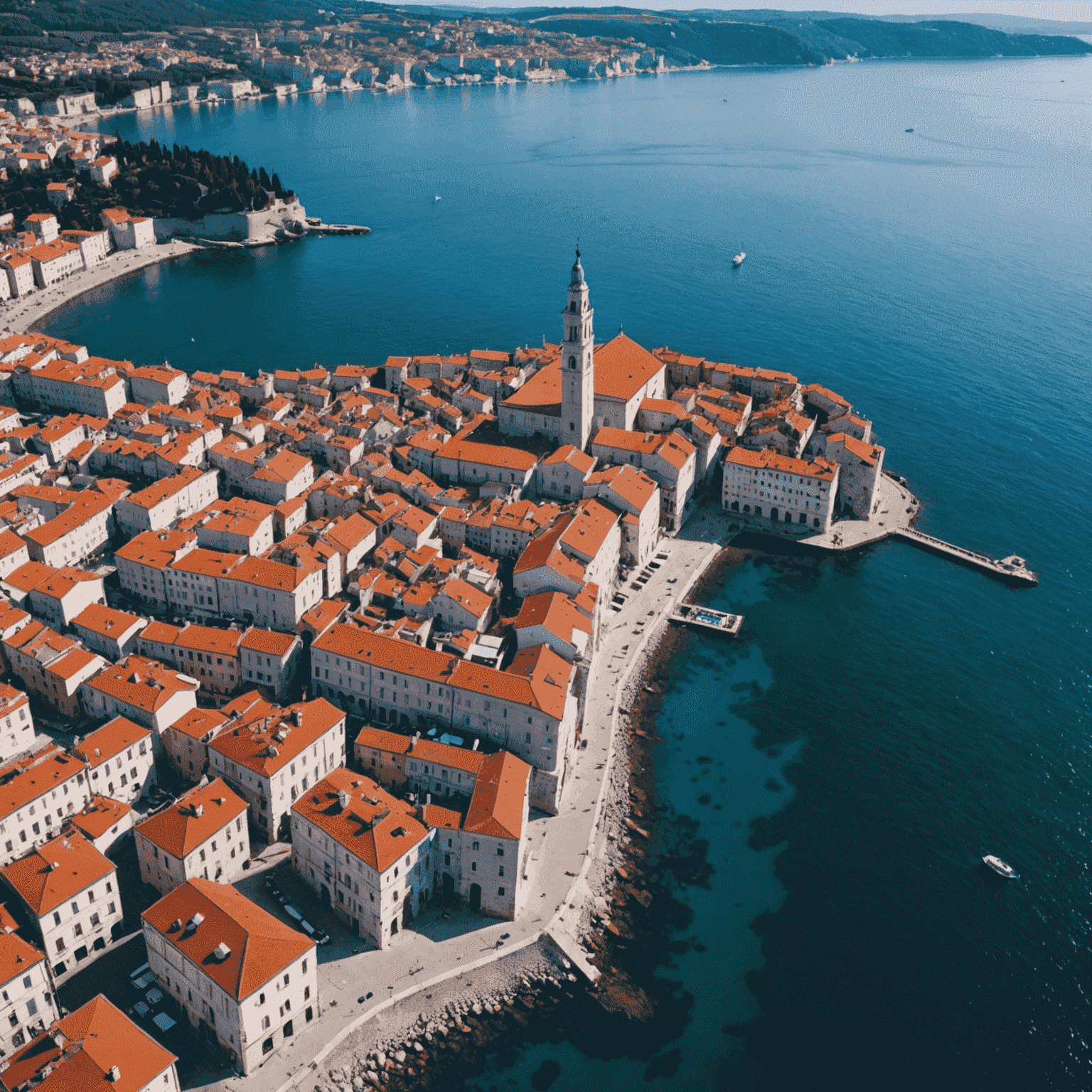 Aerial view of Piran's old town peninsula with red-roofed buildings and the blue Adriatic Sea