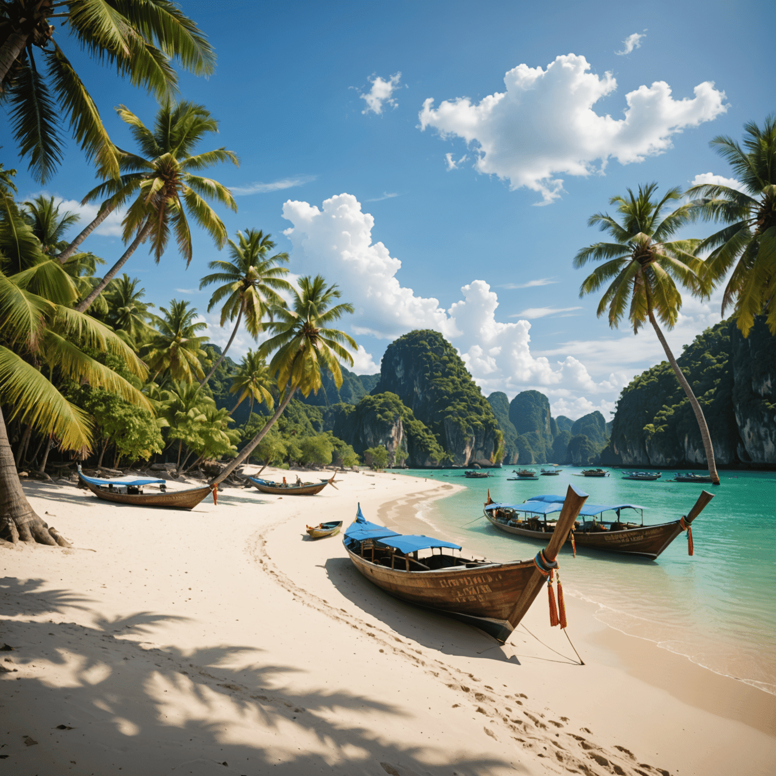 Scenic view of a Southeast Asian beach with traditional long-tail boats, palm trees, and budget travelers relaxing on the sand