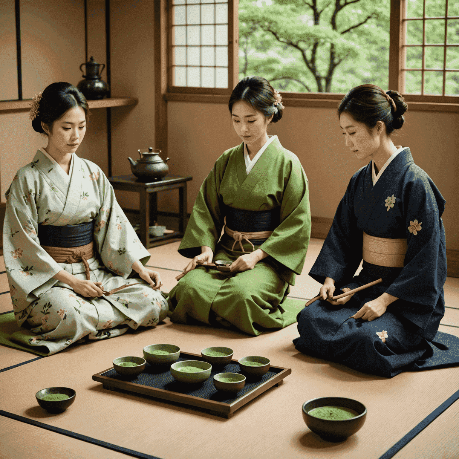 A traditional Japanese tea ceremony with people sitting on tatami mats, wearing kimonos, and performing the ritual of preparing and serving matcha tea