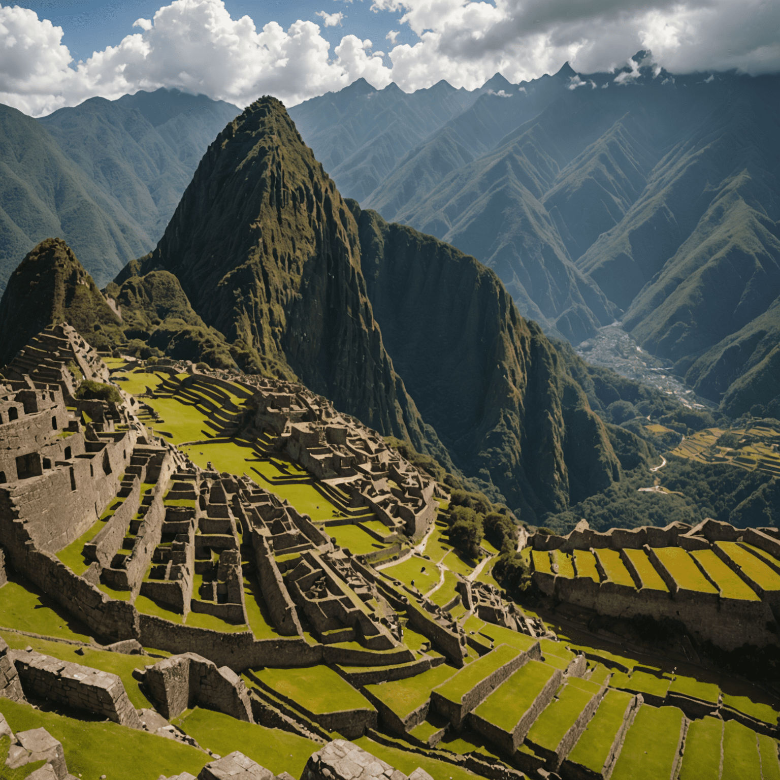 Panoramic view of Machu Picchu with misty mountains in the background, showcasing the ancient Incan ruins and terraces