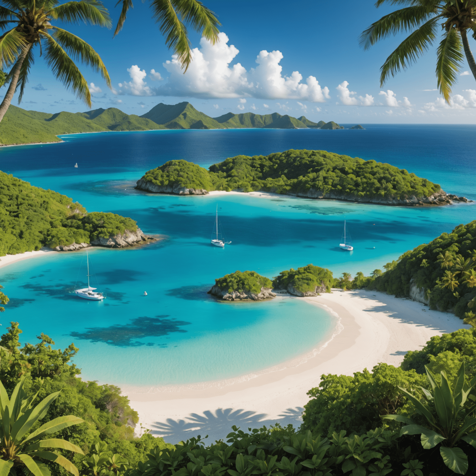 Panoramic view of multiple Caribbean islands with turquoise waters, white sandy beaches, and lush green vegetation