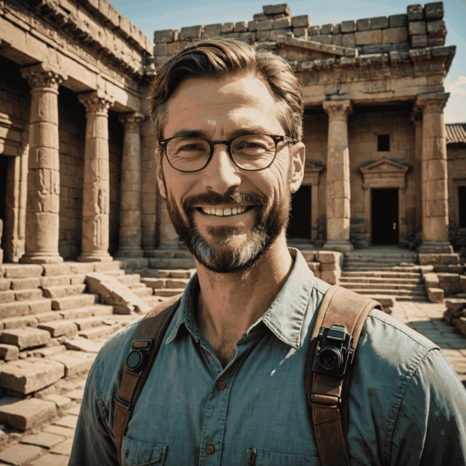 Portrait of John Smith, a man in his 40s with glasses and a beard, smiling while holding a camera, standing in front of an ancient temple