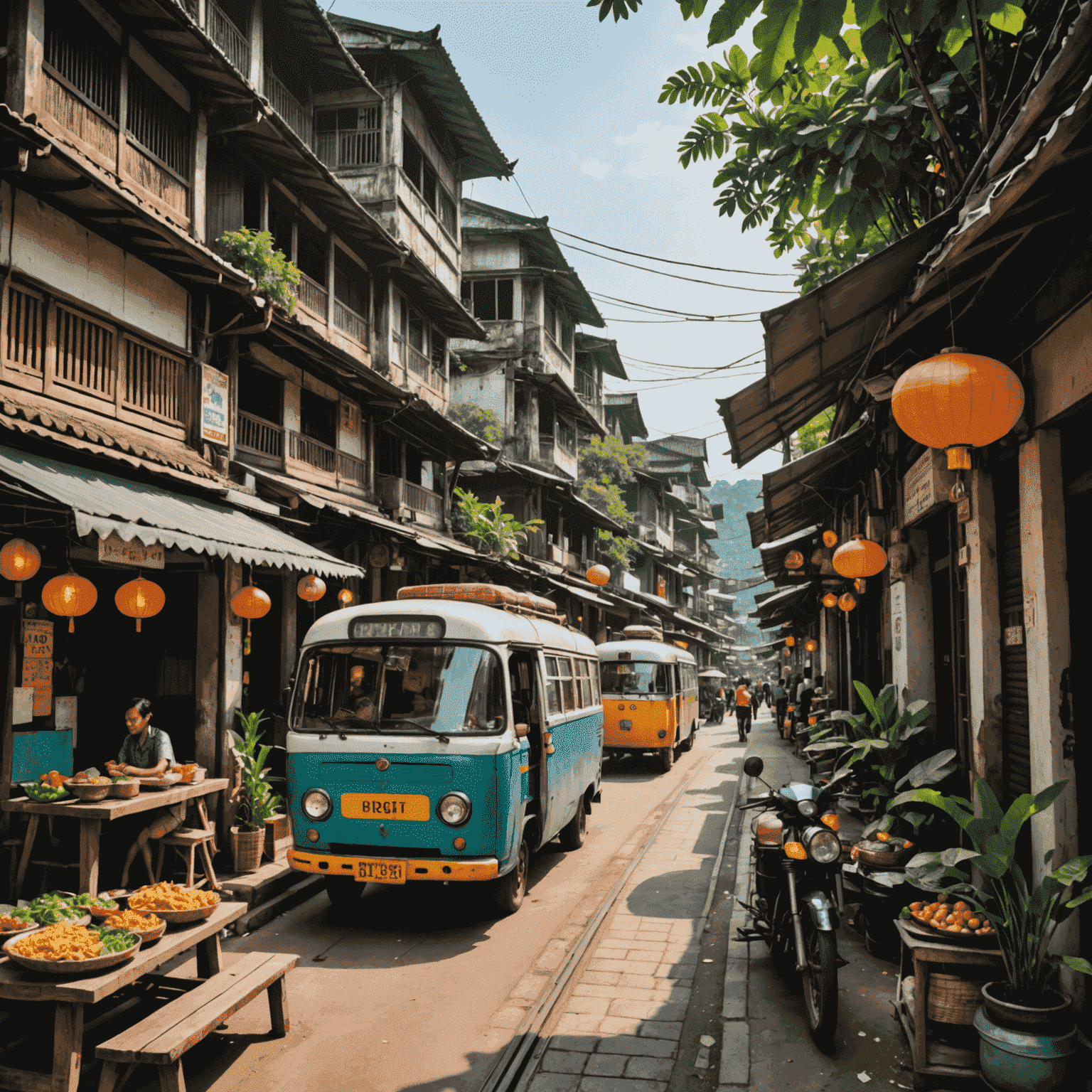 Montage of budget-friendly accommodations, street food, and transportation options in Southeast Asia