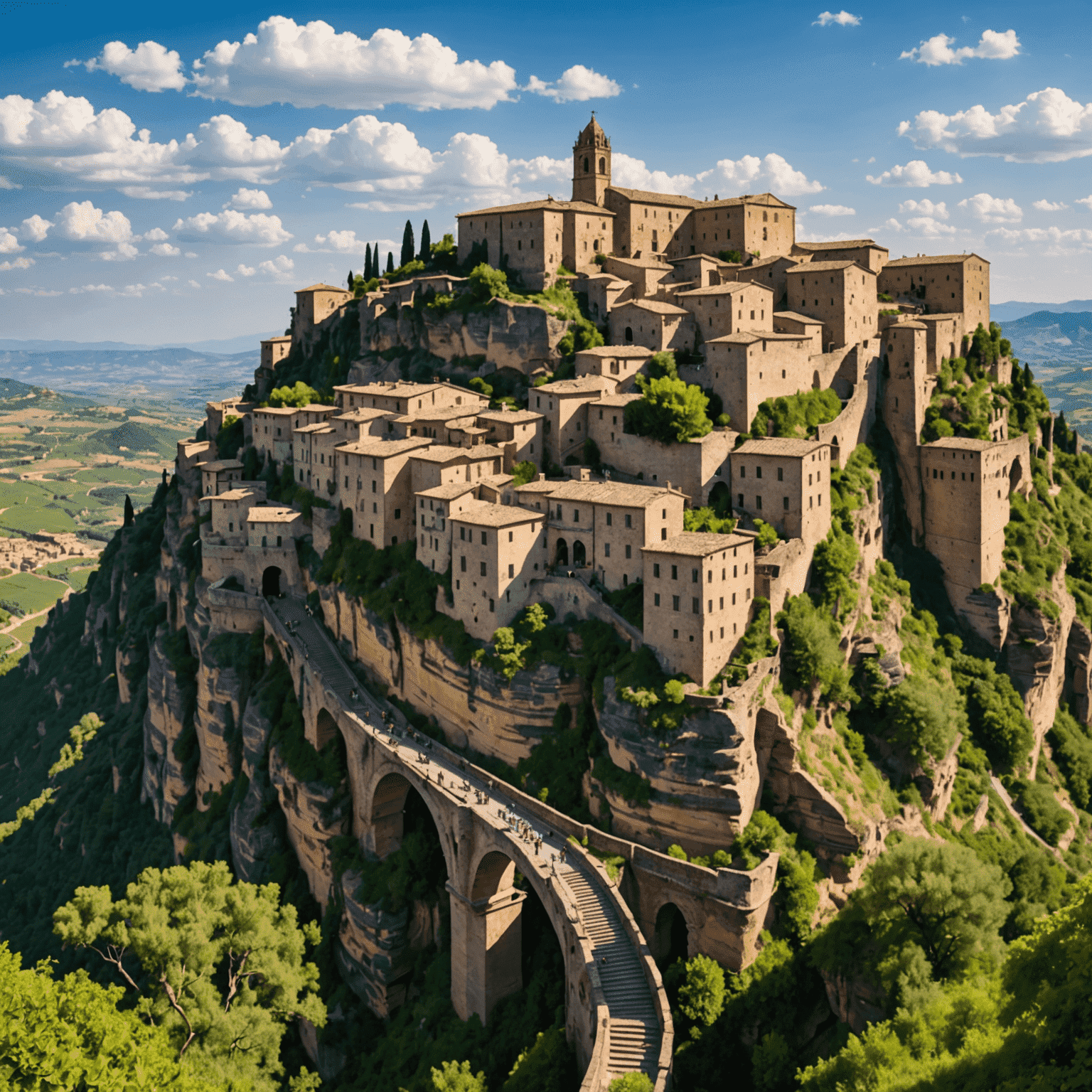 Panoramic view of Civita di Bagnoregio perched on a hill with the long pedestrian bridge leading to it