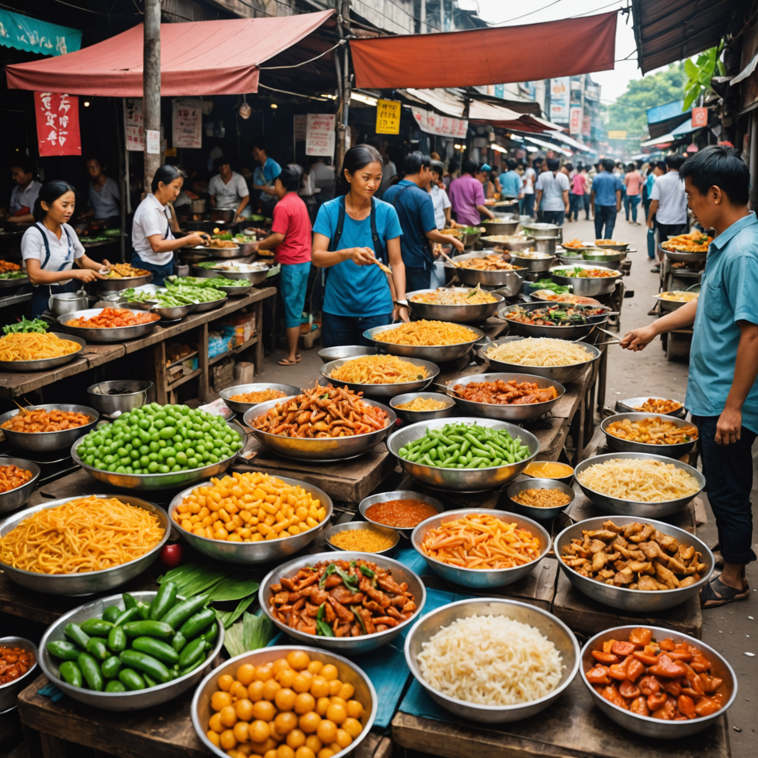 Colorful and bustling street food market in Southeast Asia with various local dishes and fruits on display