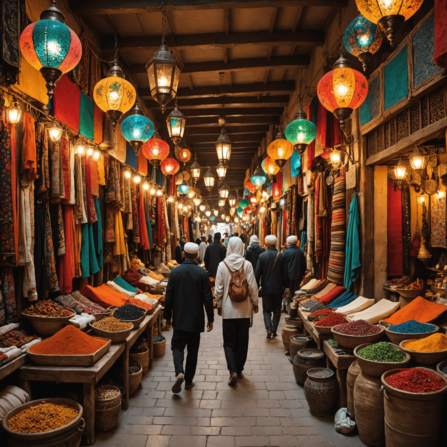 A bustling Middle Eastern market (souk) with colorful textiles, spices, and traditional lamps on display