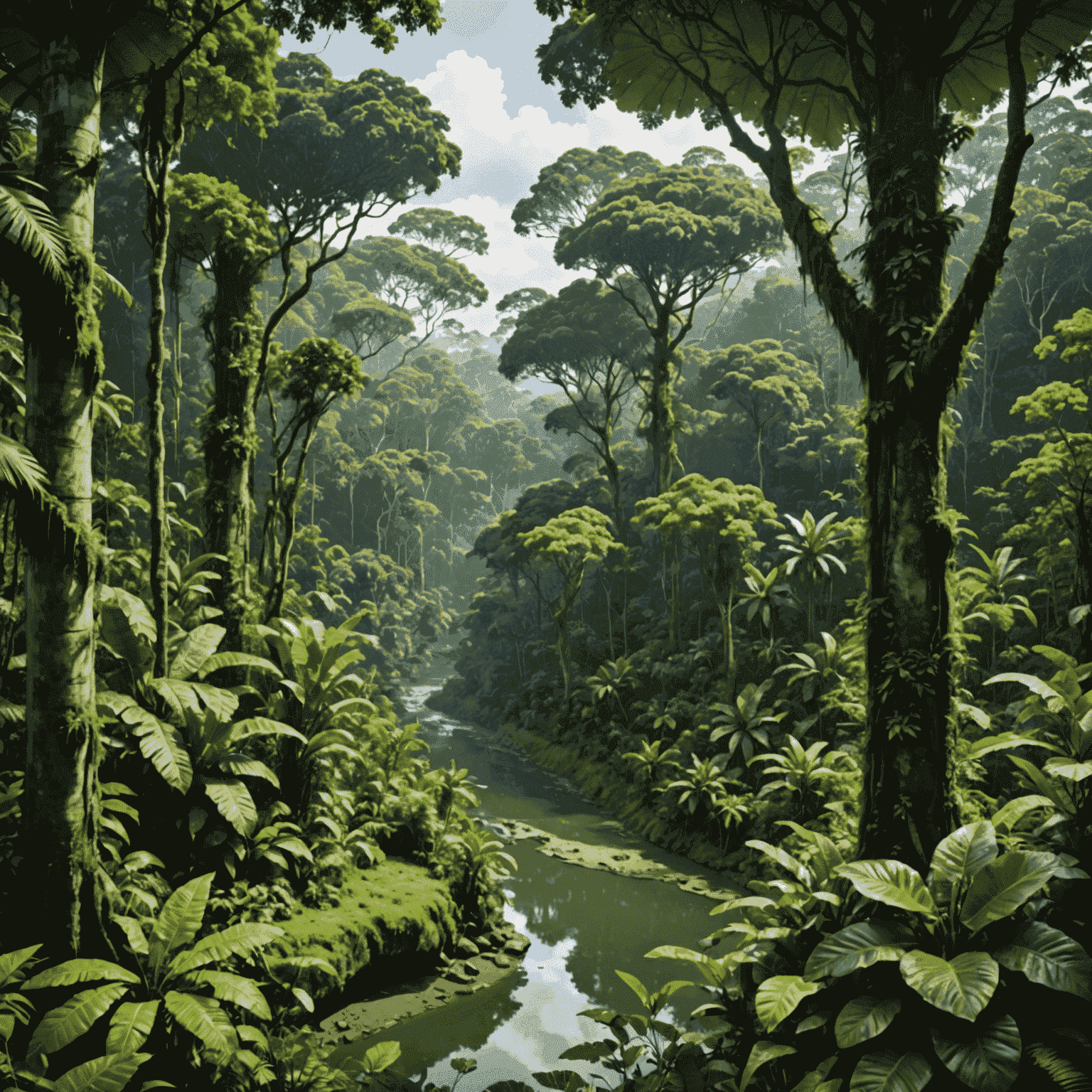 Dense Amazon rainforest canopy with a winding river cutting through, showcasing the lush greenery and diverse ecosystem