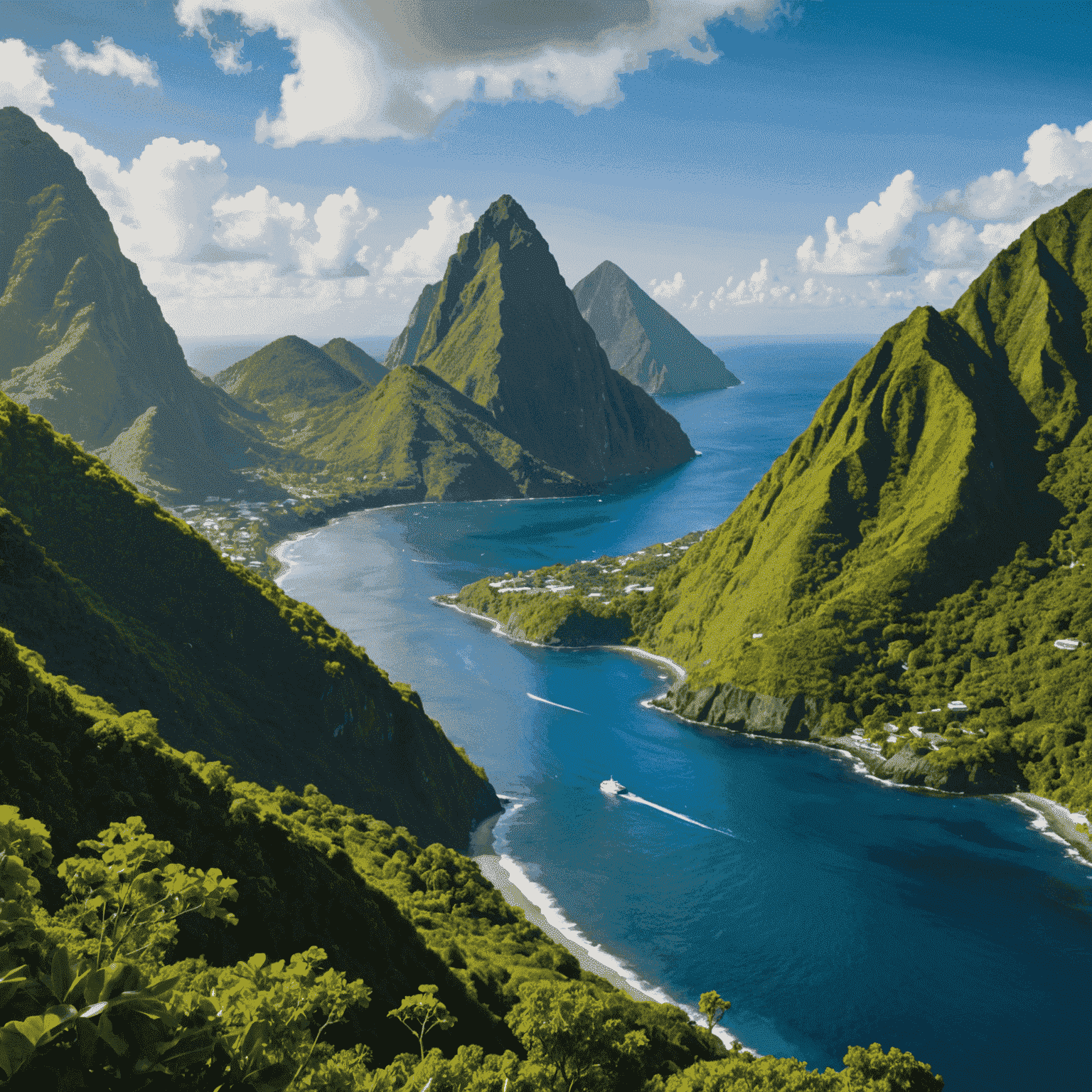 The twin Piton mountains of St. Lucia rising dramatically from the Caribbean Sea