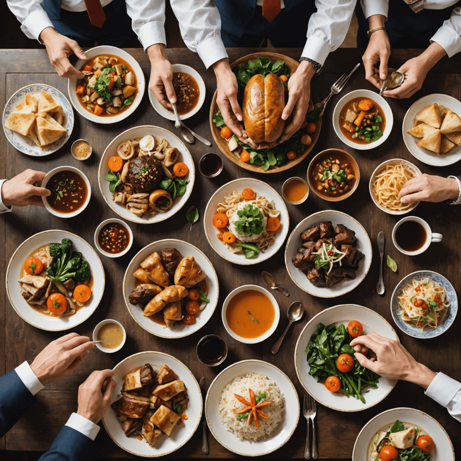 Collage depicting various cultural customs and traditions from different countries, such as bowing, hand gestures, and dining etiquette