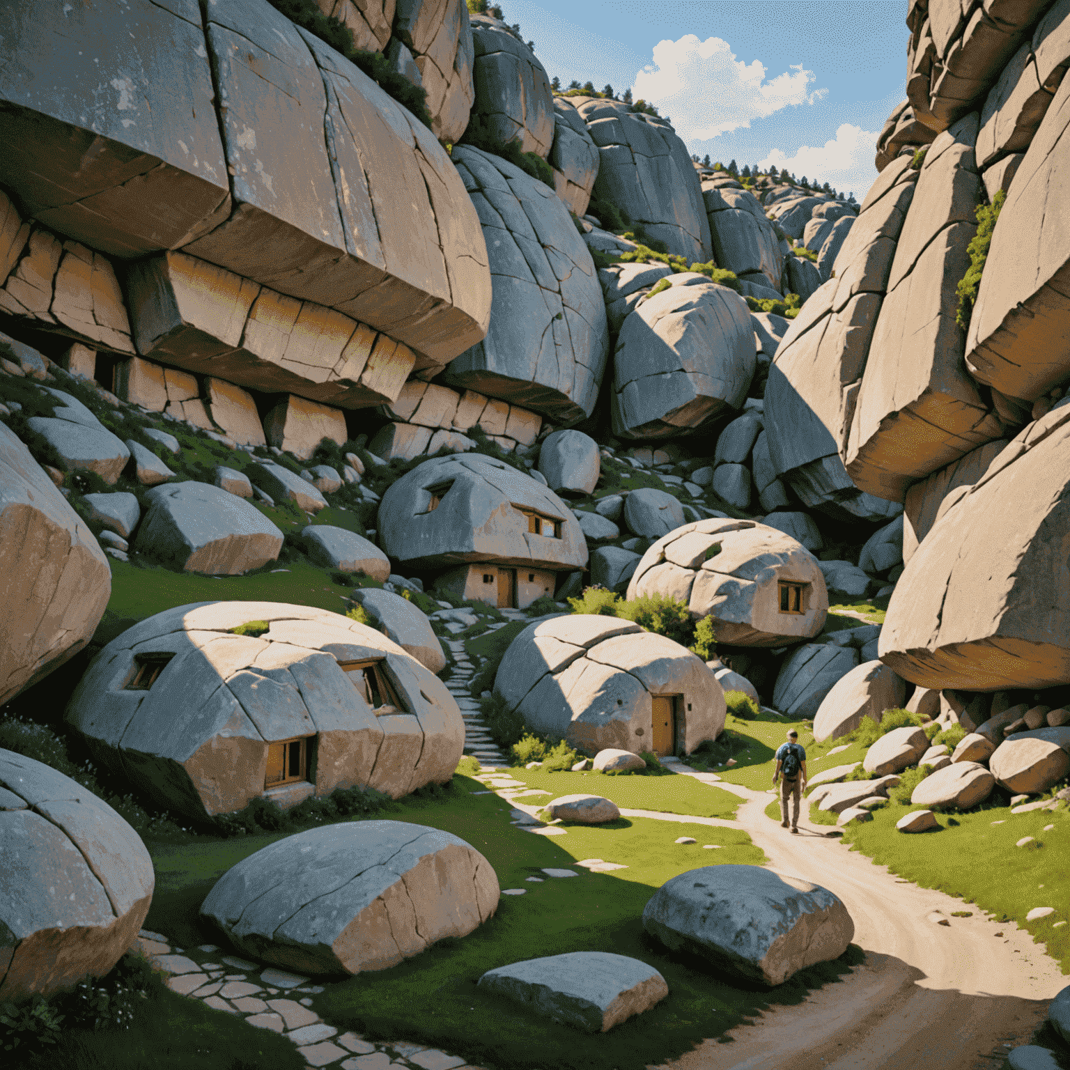 Houses built between and under large boulders in Monsanto, with a person for scale