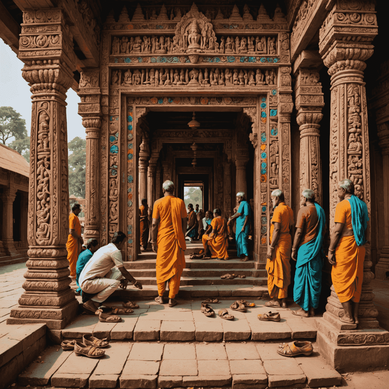 A colorful Hindu temple in India with intricate carvings and people removing their shoes before entering