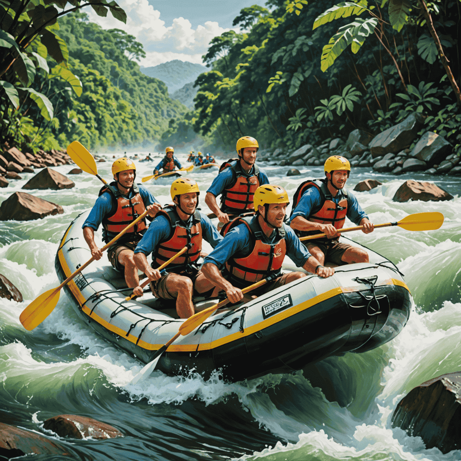 Adventurers navigating rapids in a whitewater raft on a fast-flowing river surrounded by lush Costa Rican jungle