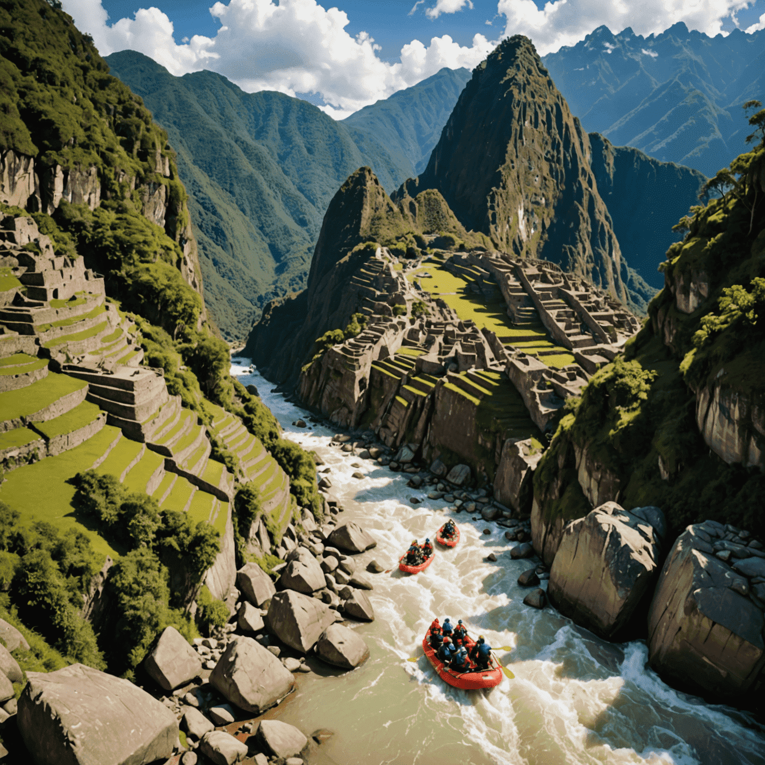 Montage of adventurous activities in South America, including hiking Machu Picchu, exploring the Amazon rainforest, and white-water rafting