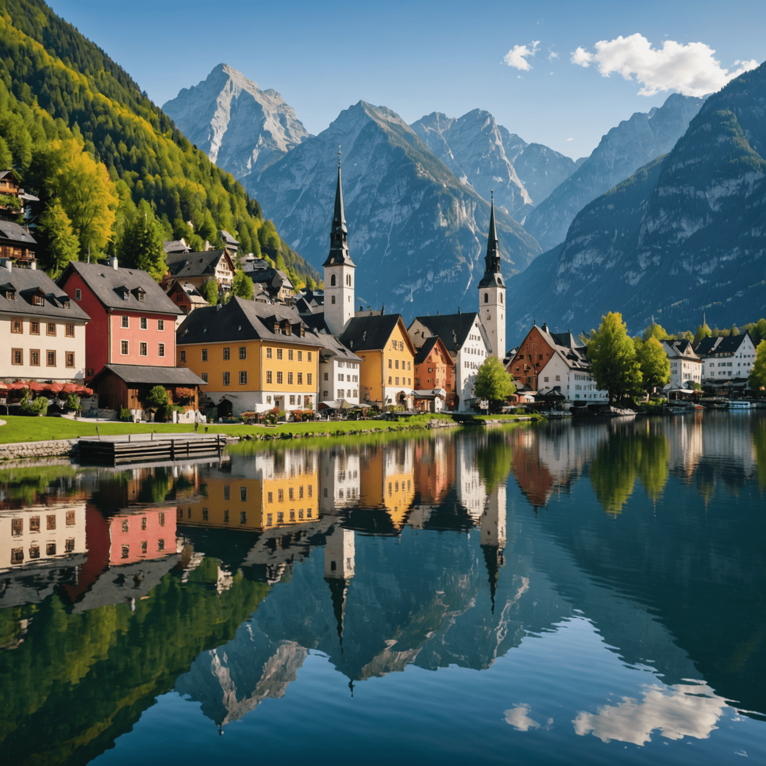 Reflection of colorful houses and church in Lake Hallstatt with mountains in the background