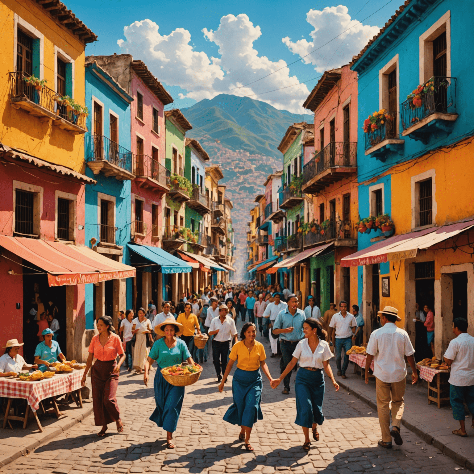 A lively Latin American street scene with colorful buildings, people dancing to music, and street vendors selling traditional food