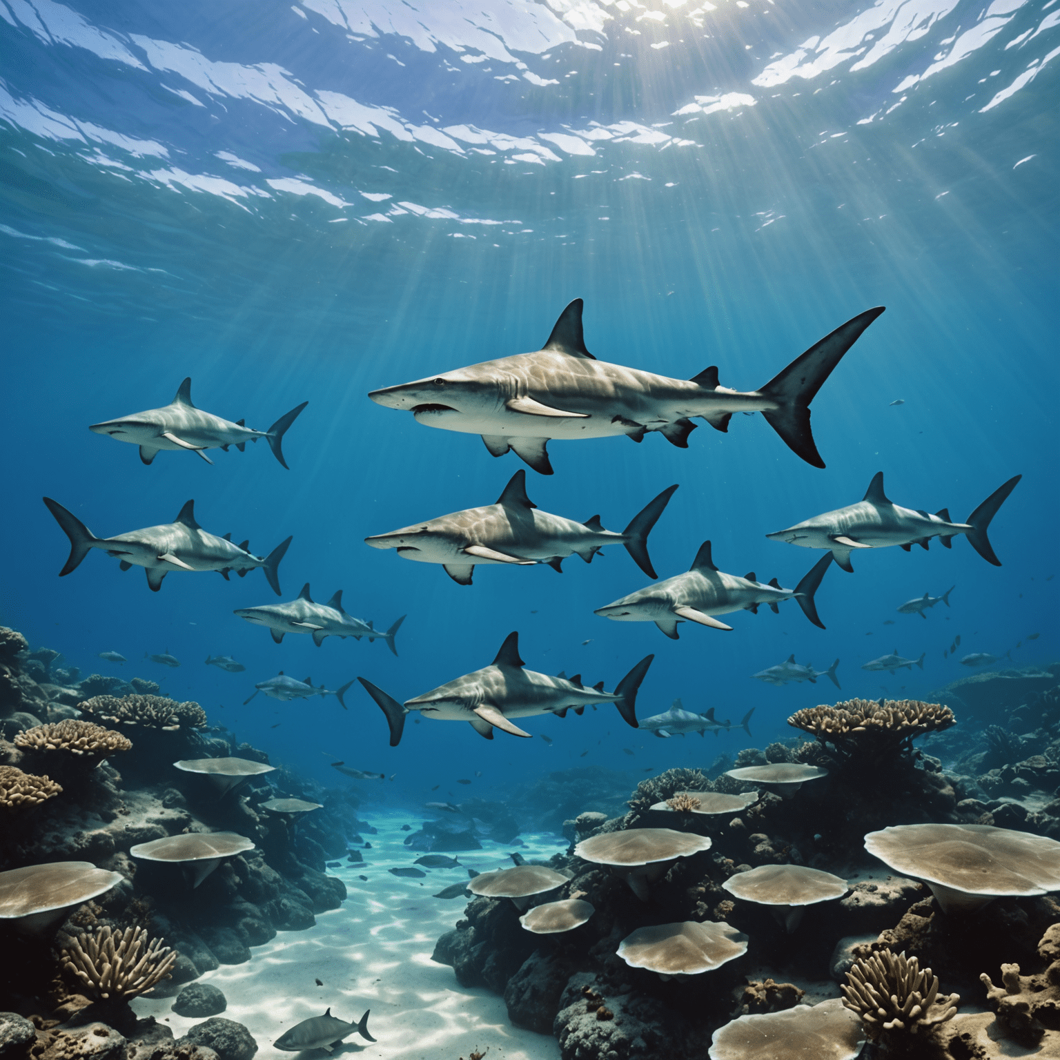 Underwater scene with a school of hammerhead sharks swimming in the clear blue waters of the Galápagos Islands