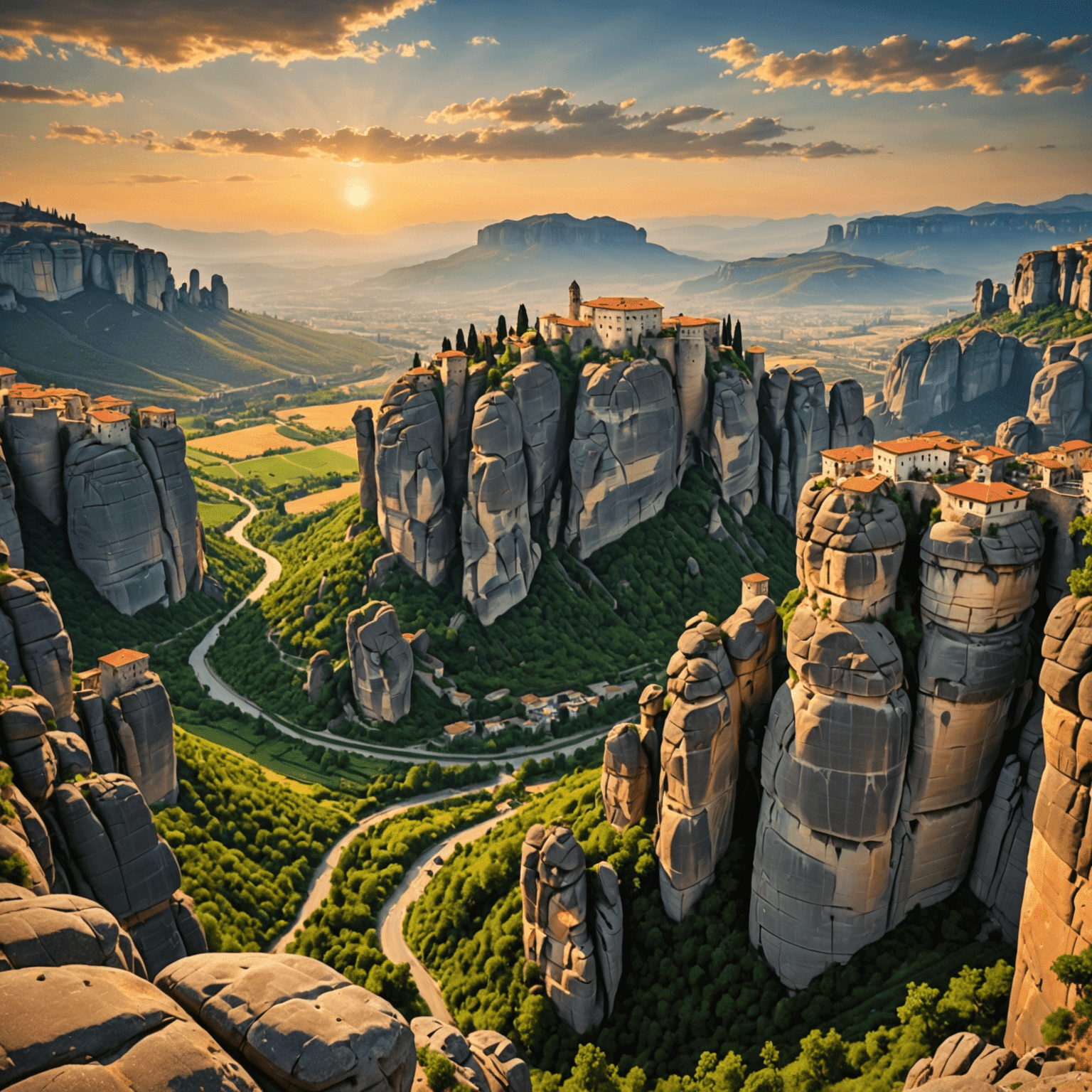 Sunset view of Meteora monasteries sitting on top of large rock pillars