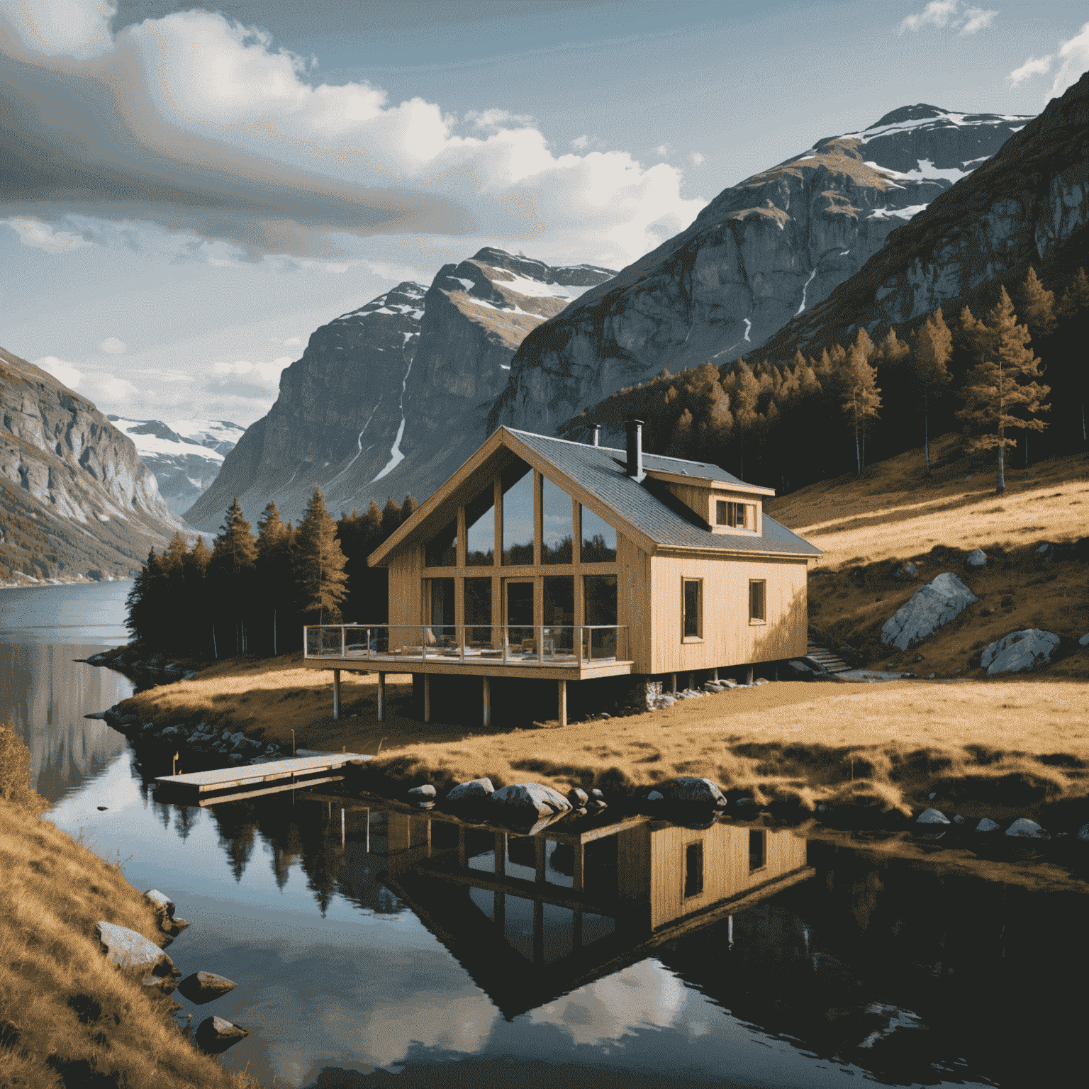 A serene Scandinavian landscape with a modern, minimalist wooden house overlooking a fjord