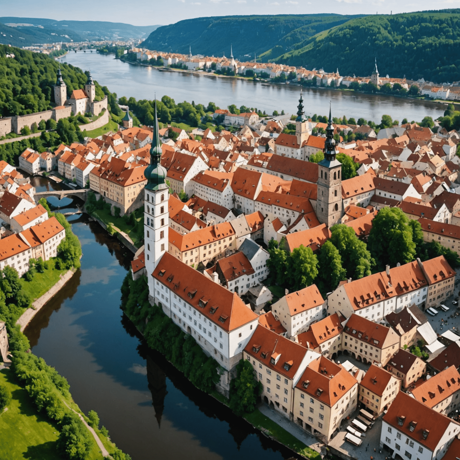 Aerial view of Cesky Krumlov's old town with the castle tower and Vltava river