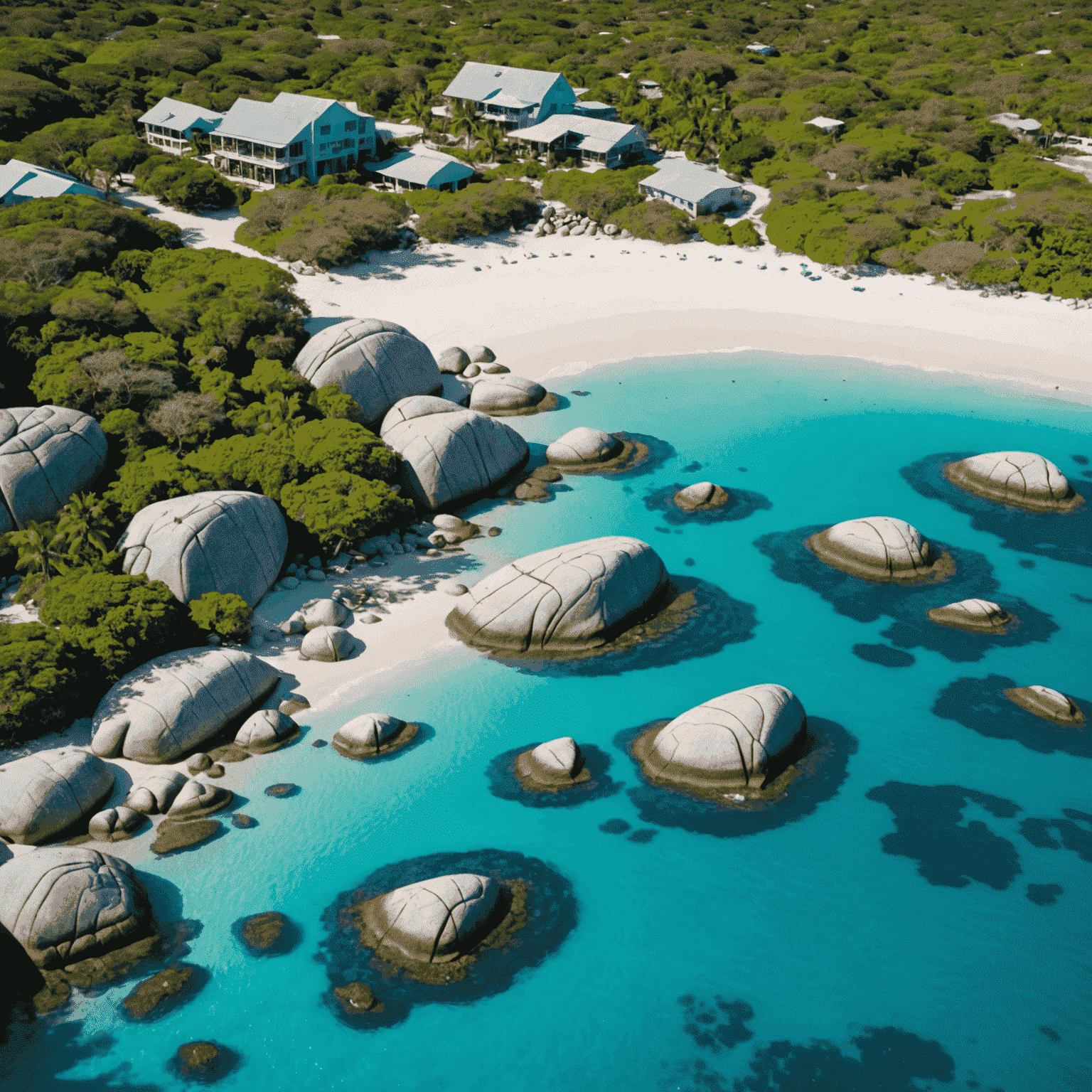 Aerial view of the Baths in Virgin Gorda, showing massive granite boulders on white sandy beaches