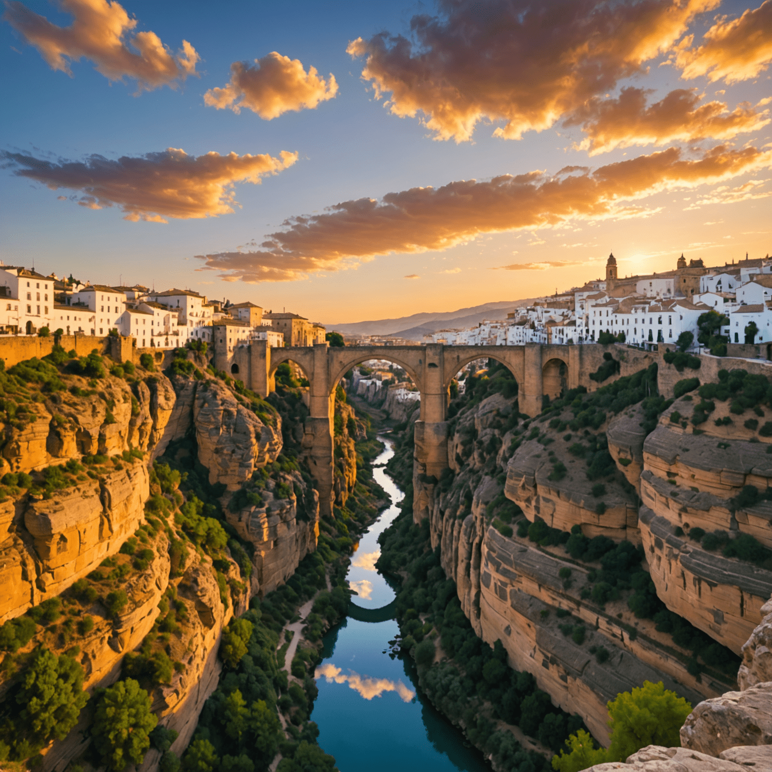 Puente Nuevo bridge spanning the El Tajo gorge in Ronda at sunset