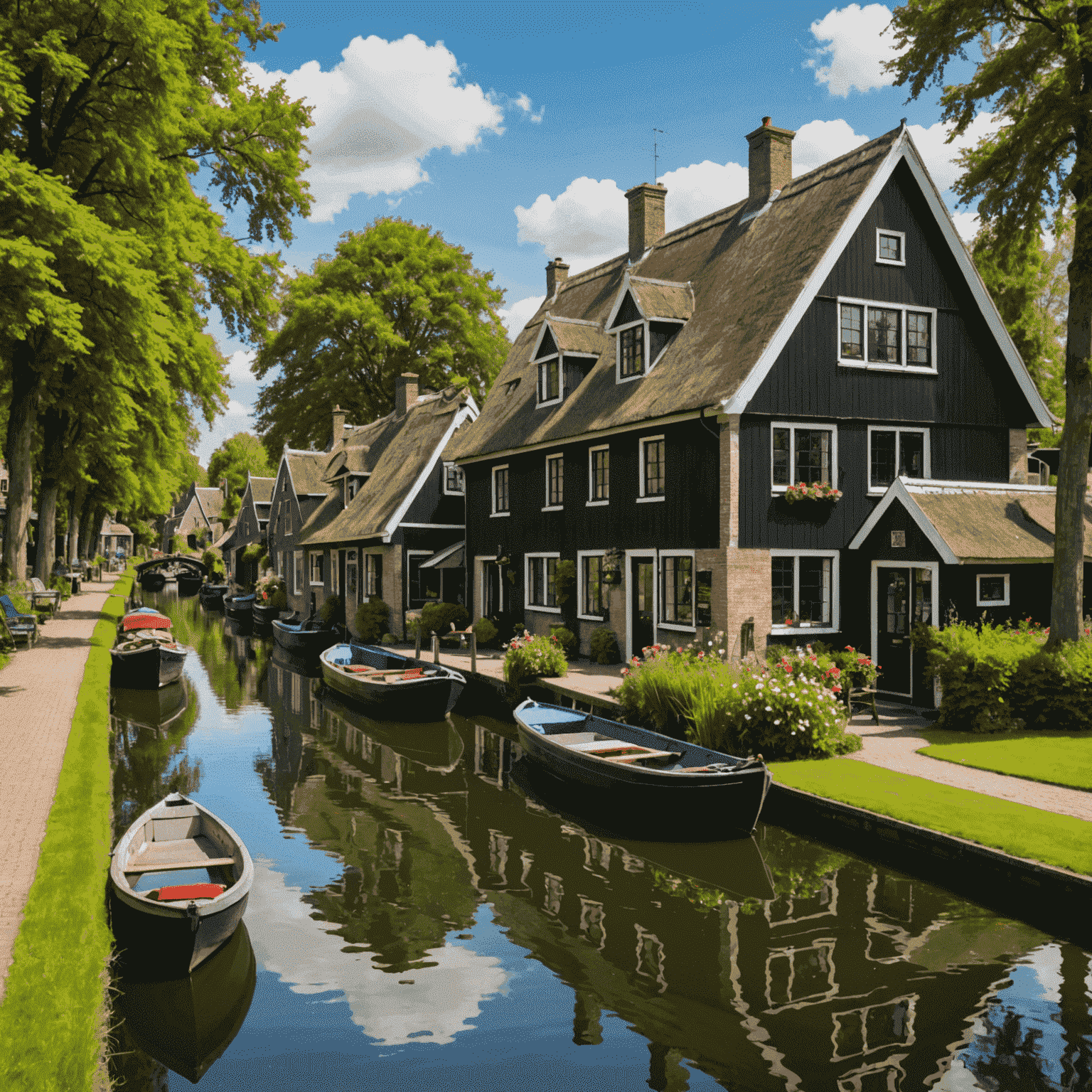 Traditional Dutch houses along canals with small boats in Giethoorn