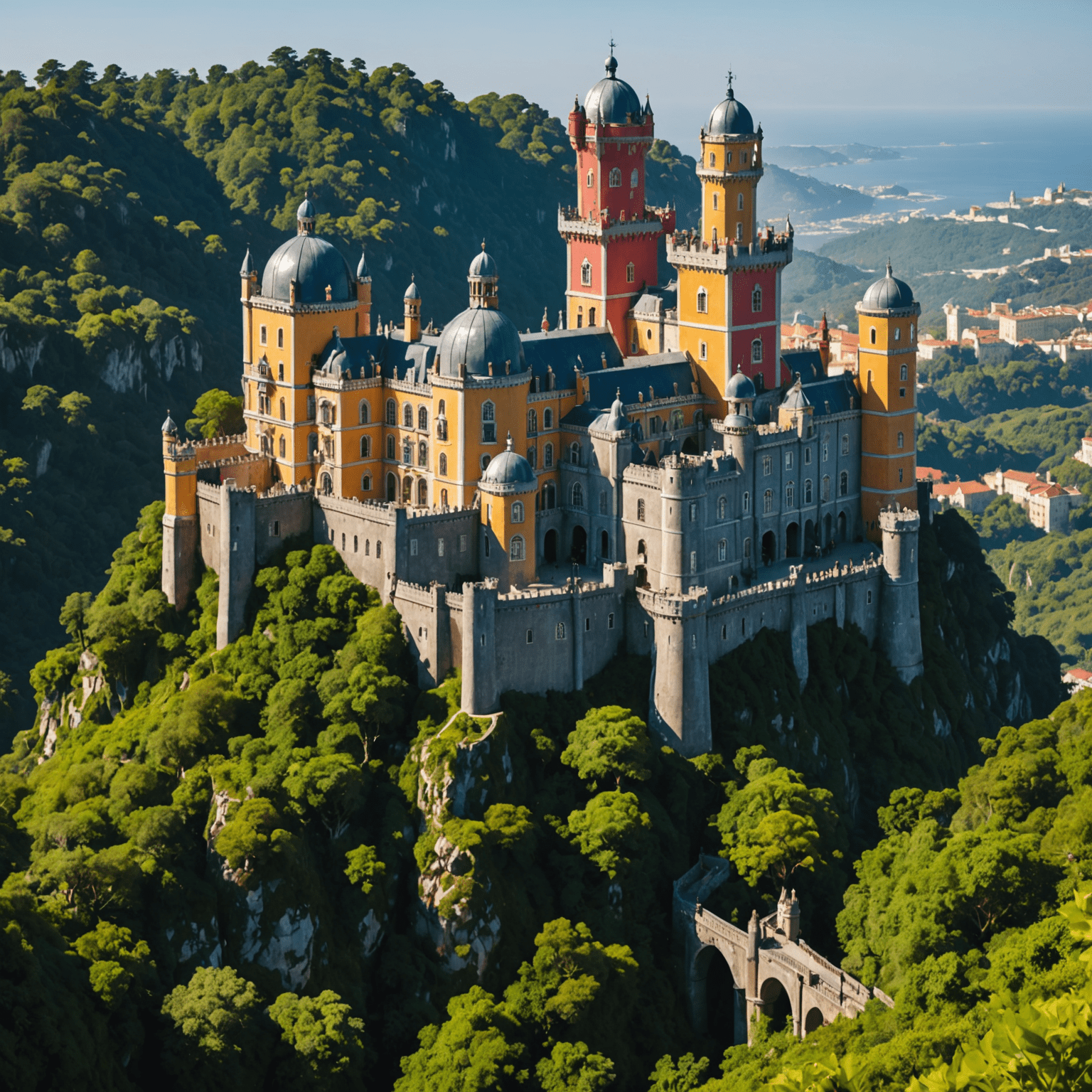 Colorful Pena Palace in Sintra surrounded by lush forest